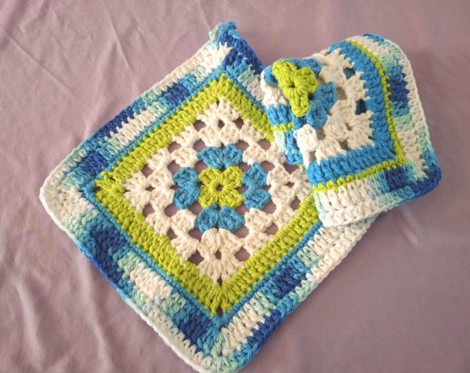 Handcrafted bright lime green/white and shades of blue granny square potholder/dishcloth