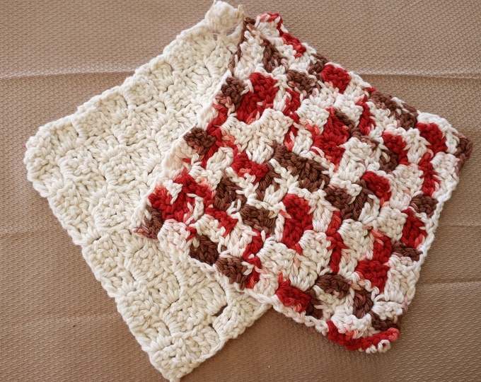White and multi brown/rust dishcloth/ pot holder set