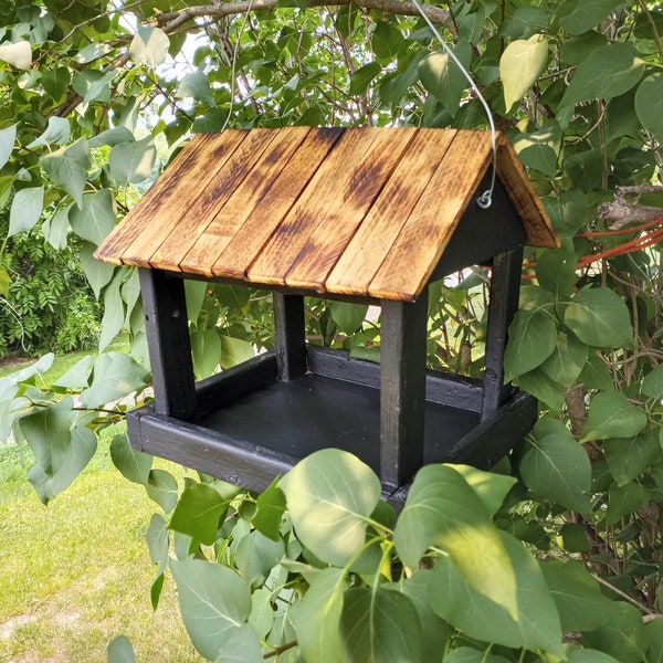 Rustic black and torched open easy to fill or clean wood birdfeeder made from reclaimed wood