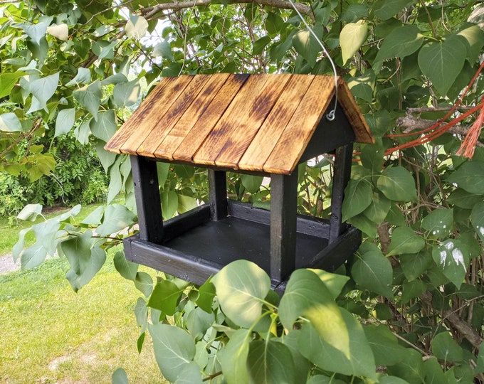Rustic black and torched open easy to fill or clean wood birdfeeder made from reclaimed wood