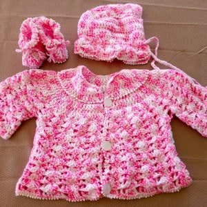 Crochet baby sweater, bonnet and booties size 0 to 3 months