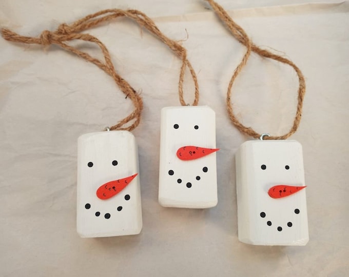 Set of 2 stretched snowman wooden block Christmas ornaments