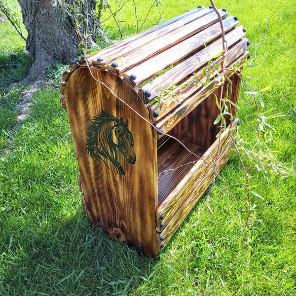 Handpainted 25 inch tall horse head reclaimed wood saddle rack with torched finish and painted black buttons