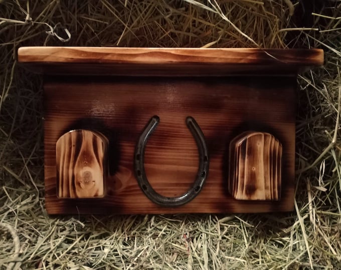 Rustic reclaimed spruce bridle/halter wall mount rack with horse shoe