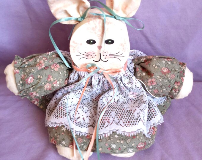 Rustic wood and fabric country bunny shelf sitter