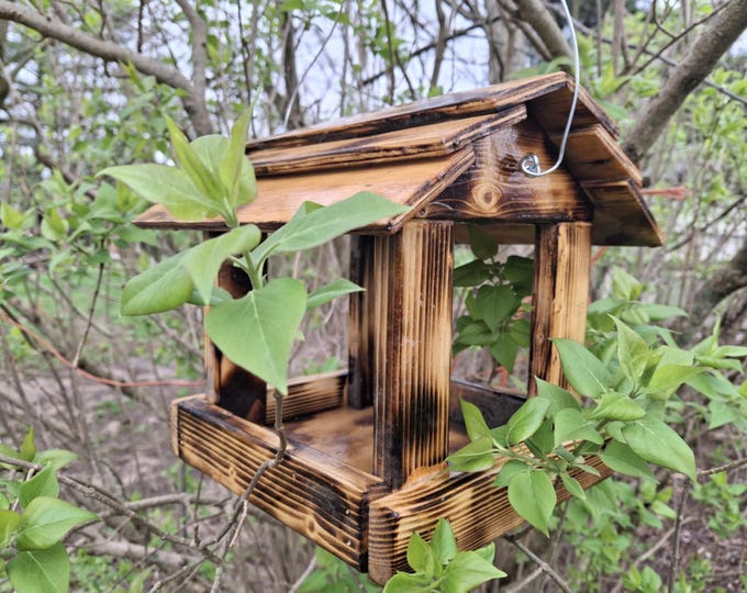 Handcrafted small torched reclaimed wood barn roof style bird/squirrel feeder