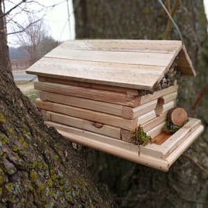 Reclaimed wood square log and stone peak birdhouse in natural or torched finish