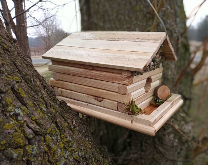 Reclaimed wood square log and stone peak birdhouse in natural or torched finish