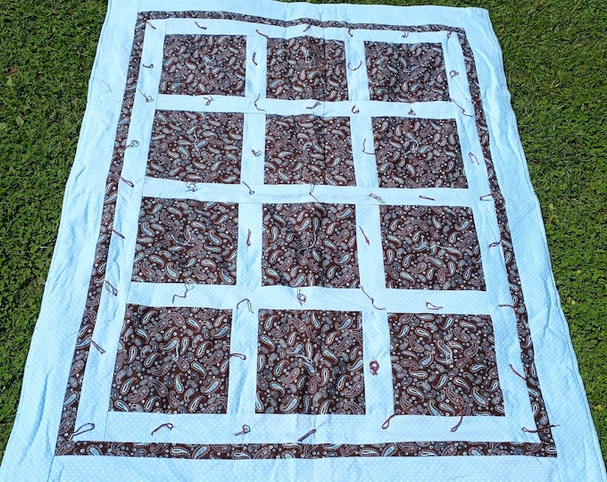 Brown and blue handtied baby lap quilt