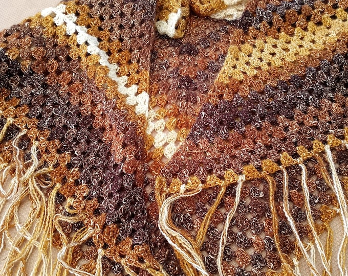 Crochet light and pretty brown ladies shawl with fringe