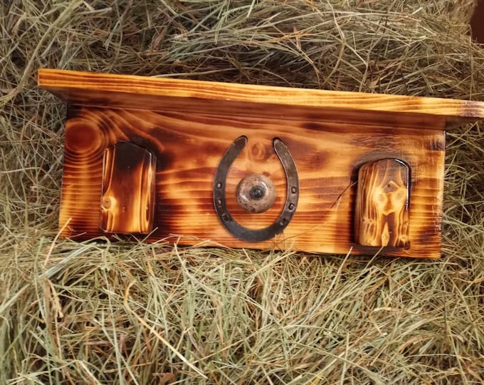 Ready to ship handcrafted 20 inch bridle halter coat hat rack from reclaimed wood and horseshoe