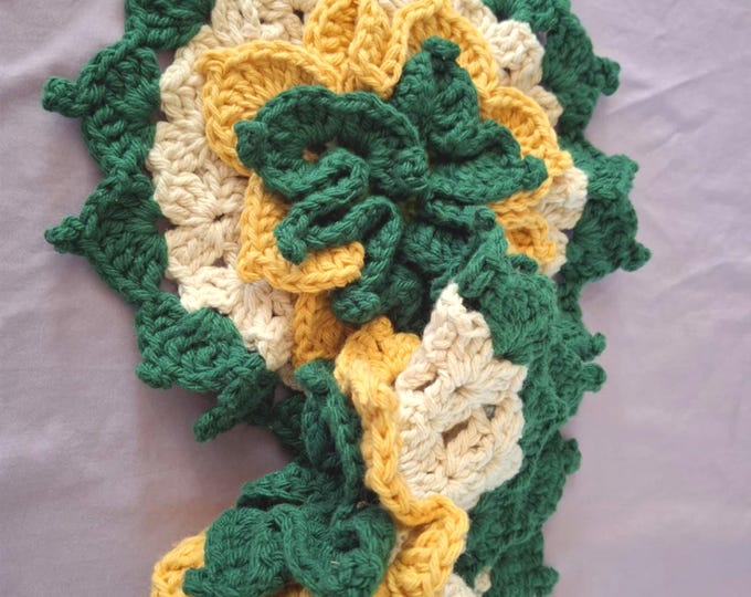 Cotton hand crocheted  green and yellow lotus style flower potholder set