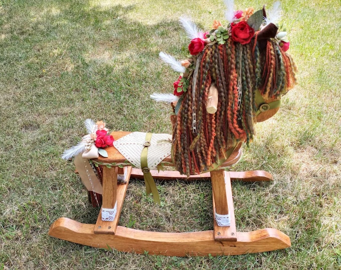 Vintage remade earthtone wooden rocking one of a kind decorative doll horse
