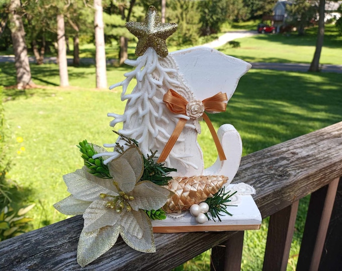Wooden rustic white Christmas cat silhouette decorated with vintage lace and flowers