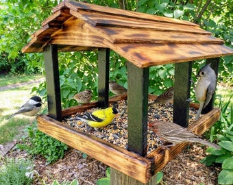 THIS IS A SECOND-Painted black and torched large pavilion style bird feeder
