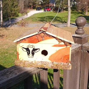 Handpainted cow on reclaimed cedar rustic medium sized birdhouse