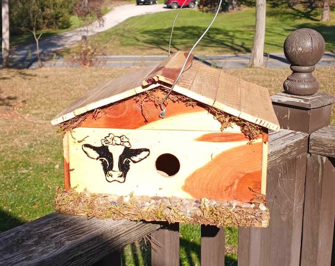 Handpainted cow on reclaimed cedar rustic medium sized birdhouse