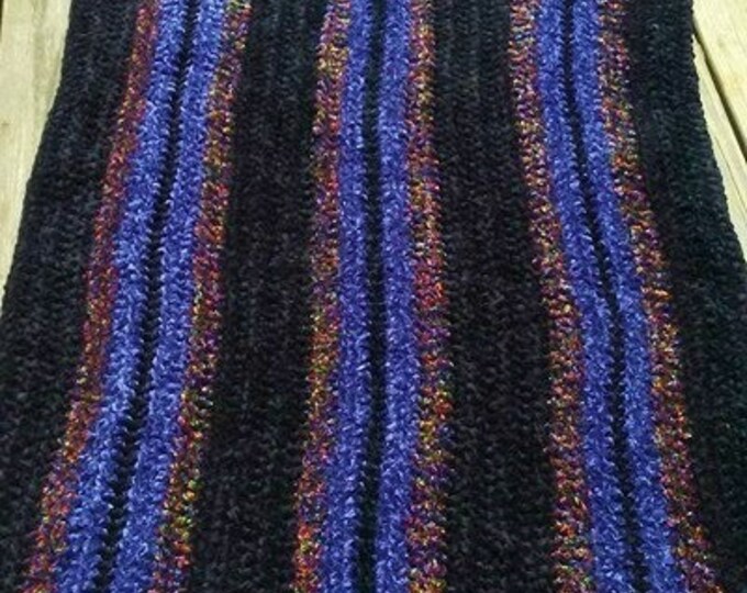 Hand crocheted black and blue striped 32 x36 inch chenille area rug