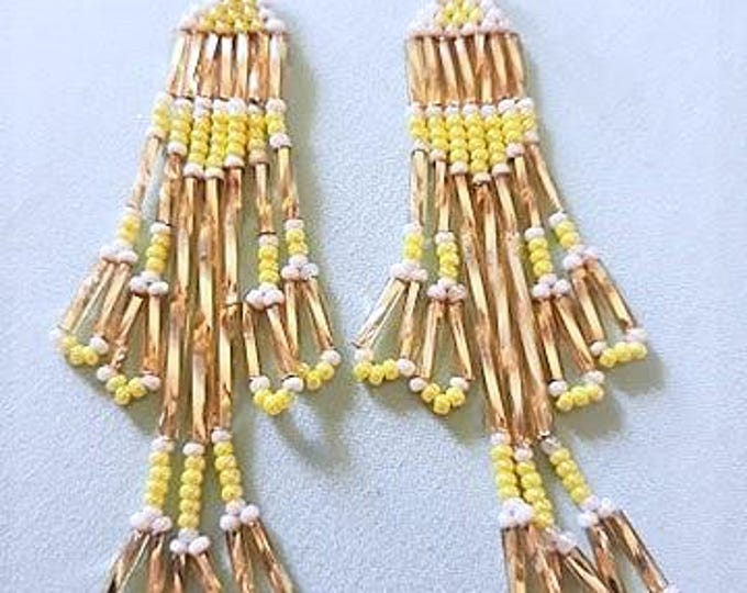 Native style  vintage long beaded yellow and gold earrings