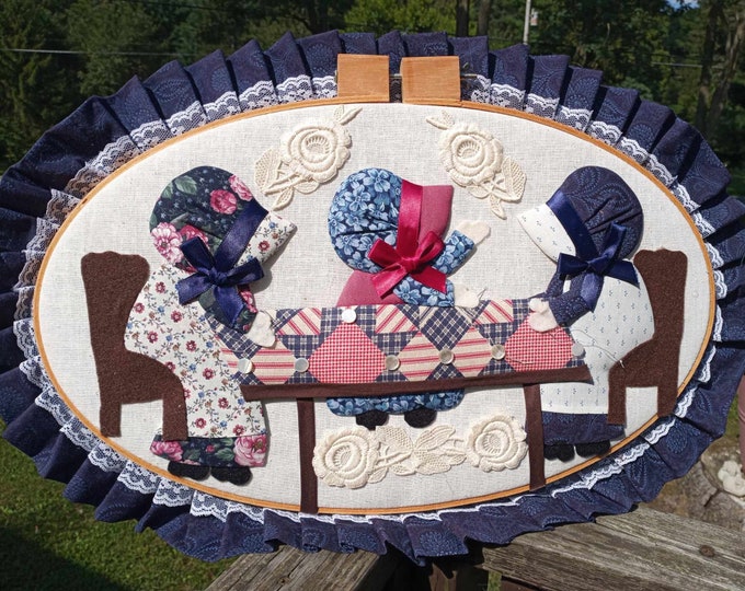 Vintage 24 inch long fabric and felt quilting scene framed in a quilt hoop for your wall