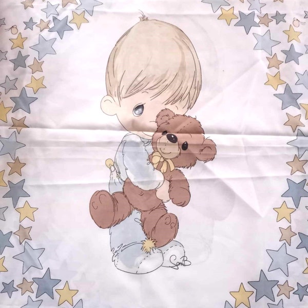 Vintage Precious Moments baby boy with teddy and star border printed 36 x 44 quilt panel