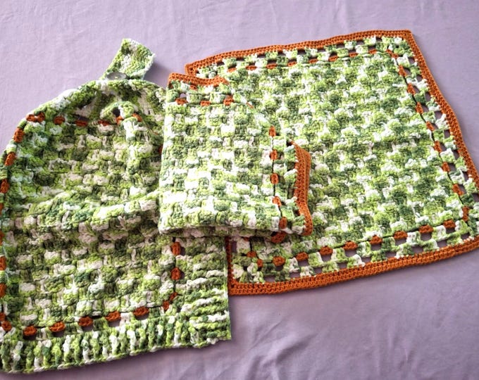 Multi green and brown crocheted cotton hanging towel and set of two extra large dish towels