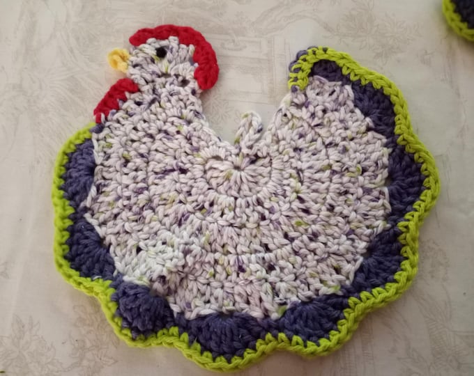 Cotton hand crocheted speckled hen potholder set