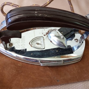 Vintage Gad-A-Bout Portable Foldable Electric iron with original zip bag and cord