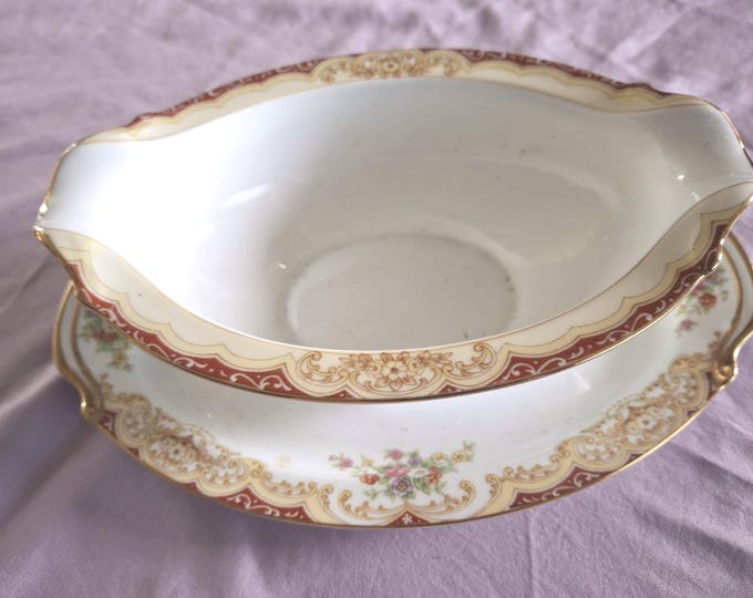 Vintage 1940's Noritake bone china gravy boat with attached underplate pattern N85 Made in Japan