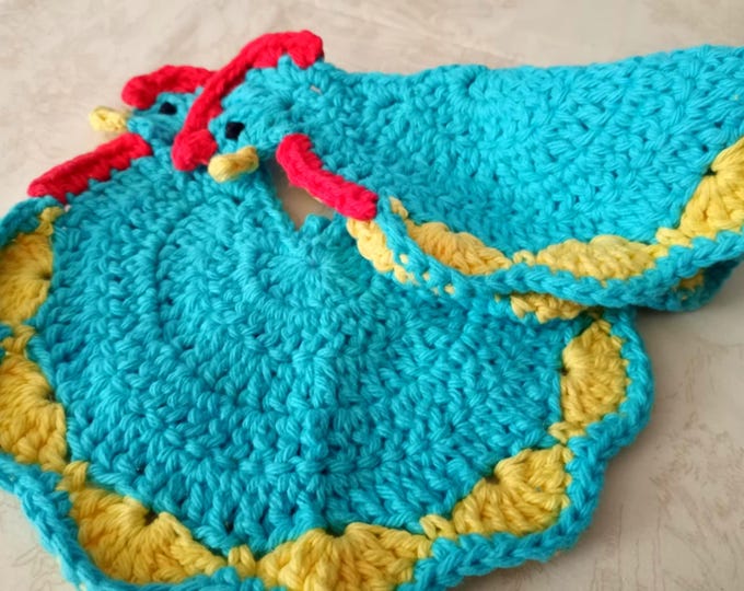 Crochet cotton turquoise chicken potholders/ dishcloth
