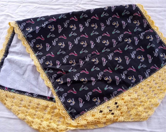 High heel printed fabric and crochet dresser scarf/table runner/table topper