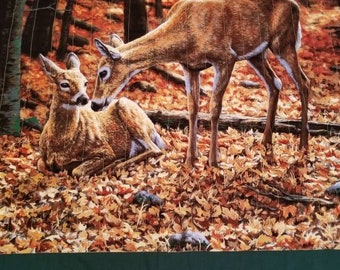 Quilted deer in fall foliage landscape lap throw/wall hanging