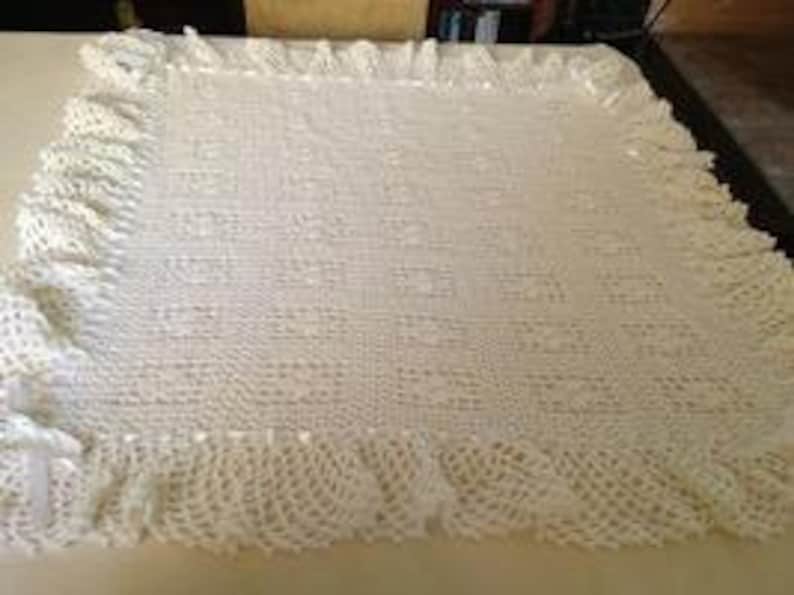 Hand crochet dainty baby blanket with ruffles and bows image 2