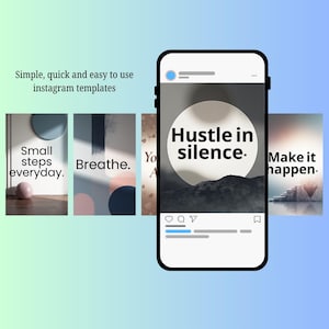 Può includere: Uno smartphone mostra un post di Instagram con il testo "Hustle in silence." e altre citazioni motivazionali. L'immagine è ambientata su uno sfondo sfumato blu e verde, con esempi di modelli.