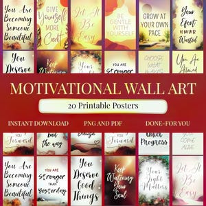 Puede incluir: Una colección de 20 carteles de arte mural motivacional imprimibles. Cada cartel presenta citas inspiradoras en varias fuentes y colores. Los carteles están disponibles para descarga instantánea en formatos PNG y PDF.