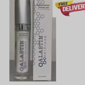 May include: A skincare product bottle and box. The bottle has a silver cap and a clear base, with the text "REGENERATING SKIN NECTAR" and "ALASTIN SKINCARE". The box also displays the brand name and product information.