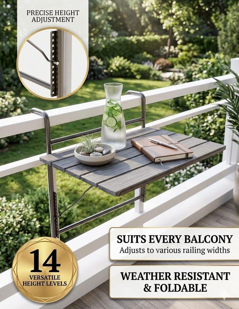 Peut inclure: Une table de balcon grise avec un cadre en m&eacute;tal fonc&eacute; est fix&eacute;e &agrave; une balustrade blanche. Une carafe en verre avec des tranches de concombre, un petit bol avec des pierres et un carnet avec un stylo reposent sur la table. La table a 14 niveaux de hauteur.