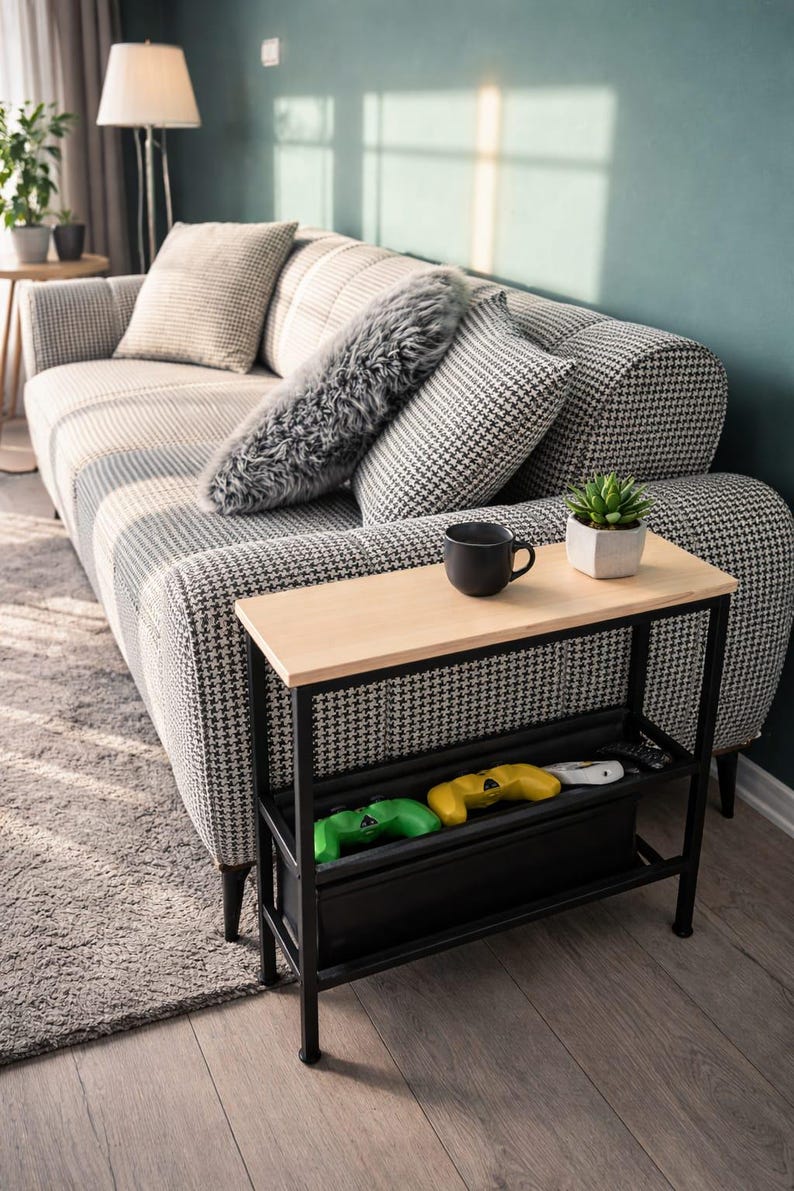 Op de afbeelding: Een woonkamer met een patroonbank, een kleine bijzettafel en een vloerkleed. De bijzettafel heeft een licht houten blad en een zwart metalen frame. Drie gamecontrollers staan in de onderste plank. Een zwarte mok en een plant in een pot staan op de tafel.