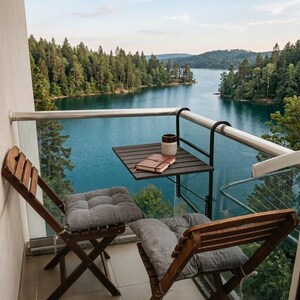 Peut inclure: Sc&egrave;ne de balcon avec vue sur un lac et une for&ecirc;t. Deux chaises pliantes en bois avec des coussins gris font face au lac. Une petite table contient une tasse et un carnet. L'eau est bleu profond.