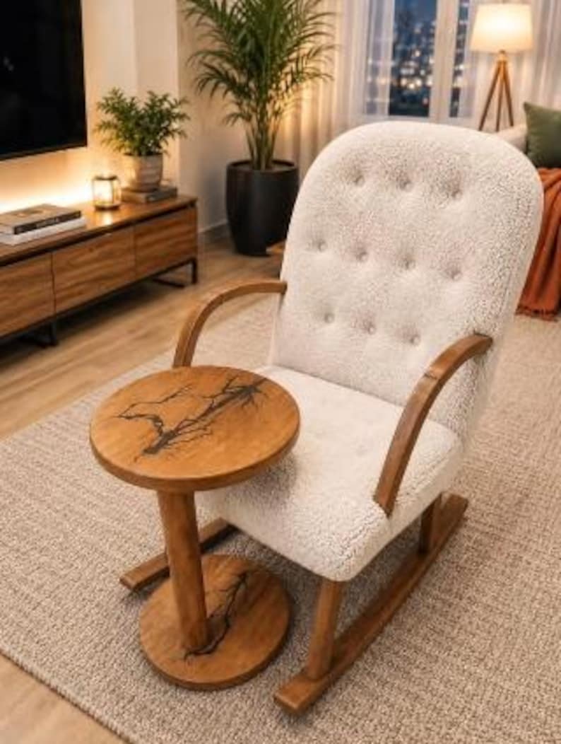 Pode incluir: Uma cadeira de balan&ccedil;o de sherpa branca tufada com apoios de bra&ccedil;os e base de madeira curva, combinada com uma mesa lateral redonda de madeira com um design de incrusta&ccedil;&atilde;o de resina escura ramificada no tampo e na base.