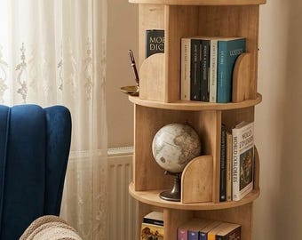 Oak Finish Rotating Bookcase | 5-Tier MDF Spinning Bookshelf with Wheels