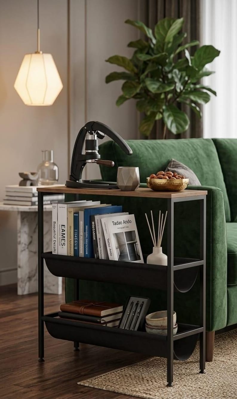 Op de afbeelding: Een zwarte en bruine metalen bijzettafel met een houten blad, met een koffiezetapparaat, boeken en decoratieve items. De tafel heeft twee planken met zwarte stoffen opslag. Een groene bank en een plant staan op de achtergrond.