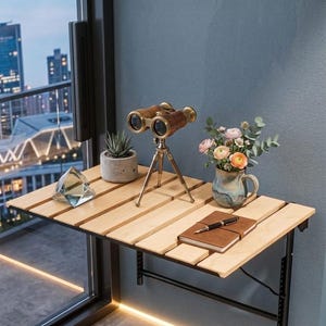 Könnte beinhalten: Ein klappbarer Holztisch mit schwarzem Metallrahmen, auf dem ein Fernglas auf einem Stativ, eine kleine Sukkulente in einem Betontopf, ein klarer Glasprisma, ein ledergebundenes Notizbuch und eine Blumenvase stehen. Der Tisch steht vor einem Fenster mit Blick auf die Stadt.