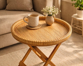 Mesa auxiliar plegable de ratán con patas de madera / Mesa de centro estilo bohemio