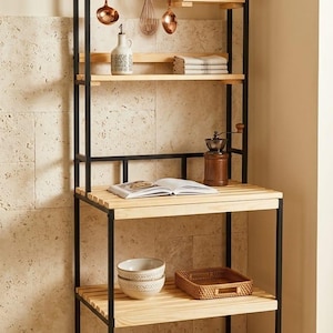 5-Tier Natural Wood Kitchen Storage Cabinet, Microwave Stand, Coffee Bar Organizer