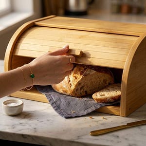 Puede incluir: Una panera de bambú marrón claro con tapa enrollable, que revela una hogaza de pan y una rebanada sobre un paño azul. Una mano abre la tapa. También se ven un cuenco pequeño con sal y un cuchillo.