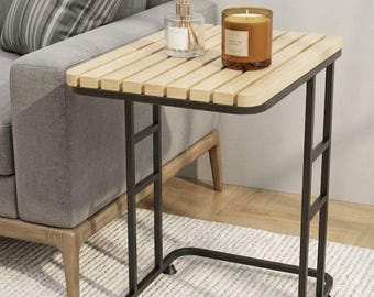 Modern Solid Wood Side Table, Black Matte Metal Frame, Waterproof End Table, Minimalist Nightstand, Living Room Office Decor