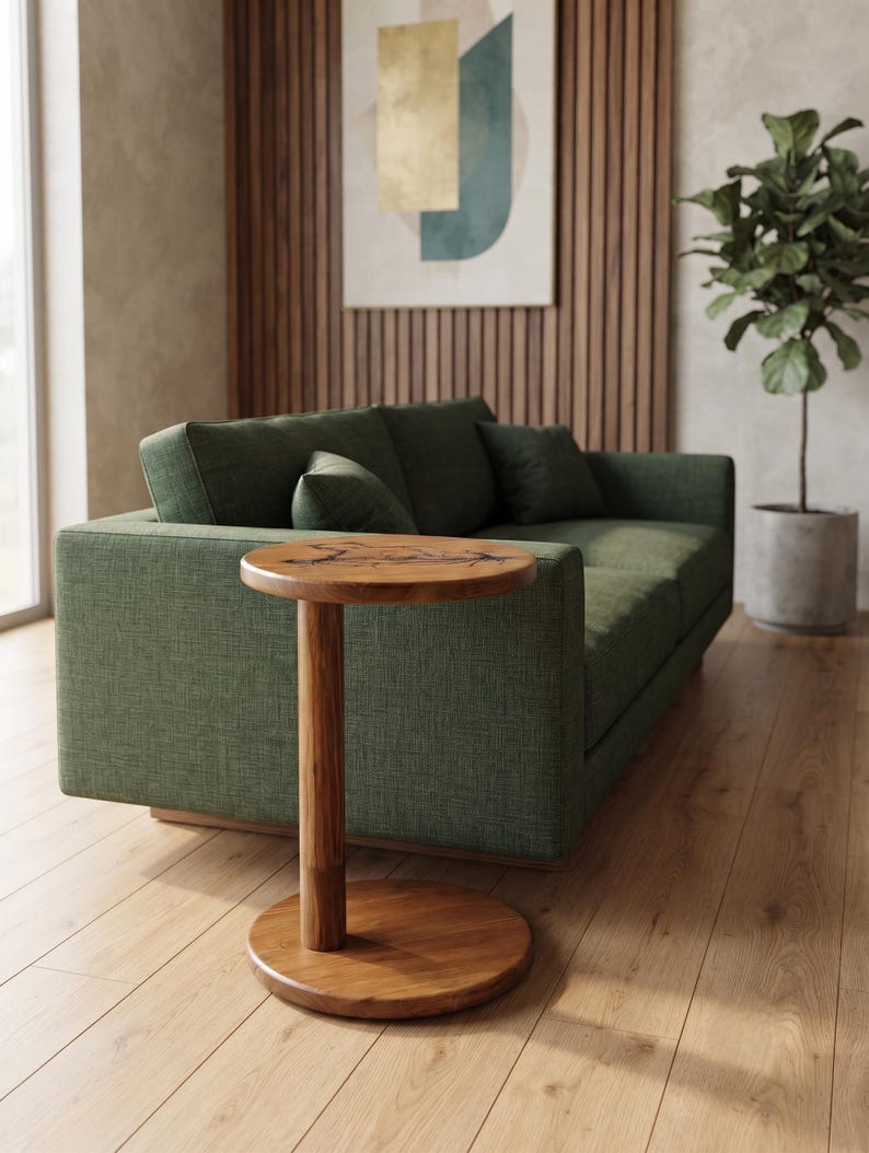 Pode incluir: Uma mesa lateral redonda de madeira com acabamento de gr&atilde;o natural e uma base de pedestal cil&iacute;ndrica &uacute;nica. O tampo da mesa apresenta um detalhe de incrusta&ccedil;&atilde;o escuro de forma org&acirc;nica no centro, sobre uma base circular.