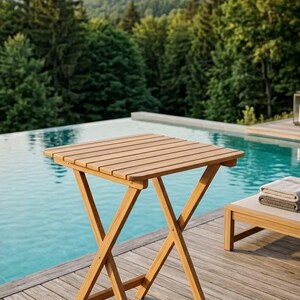 Op de afbeelding: Een vierkante klaptafel gemaakt van lichtbruine houten latten. De tafel heeft een kruispootontwerp met vier poten die bij de onderkant verbonden zijn door een horizontale steunbalk, wat zorgt voor een stabiele structuur voor dit meubelstuk.