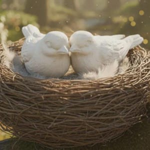 May include: Two white ceramic birds nestled in a woven twig nest. The birds are facing each other, with their beaks almost touching. The nest is filled with soft feathers, and the background is blurred with soft lighting.